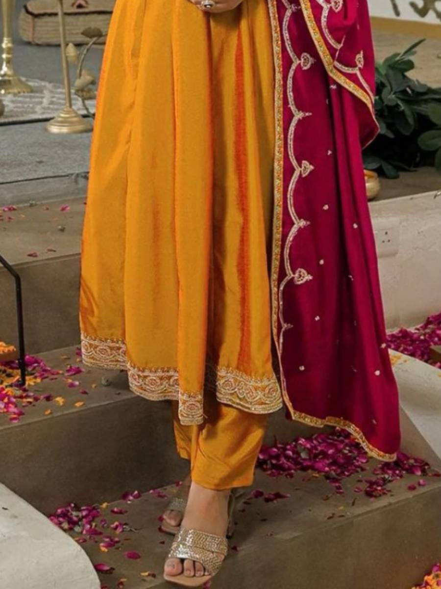 Yellow Vichitra Silk Embroidery Sequins Wedding Party Festival Casual Ready Palazzo Pant Salwar Kameez
