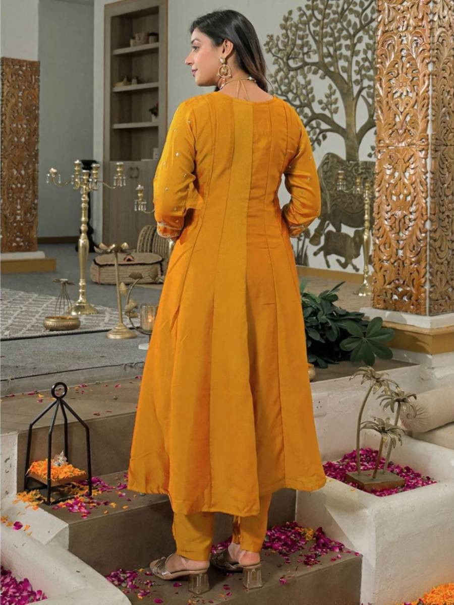 Yellow Vichitra Silk Embroidery Sequins Wedding Party Festival Casual Ready Palazzo Pant Salwar Kameez