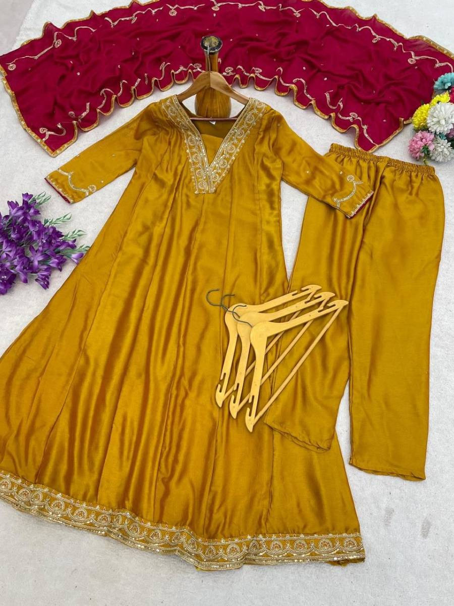 Yellow Vichitra Silk Embroidery Sequins Wedding Party Festival Casual Ready Palazzo Pant Salwar Kameez