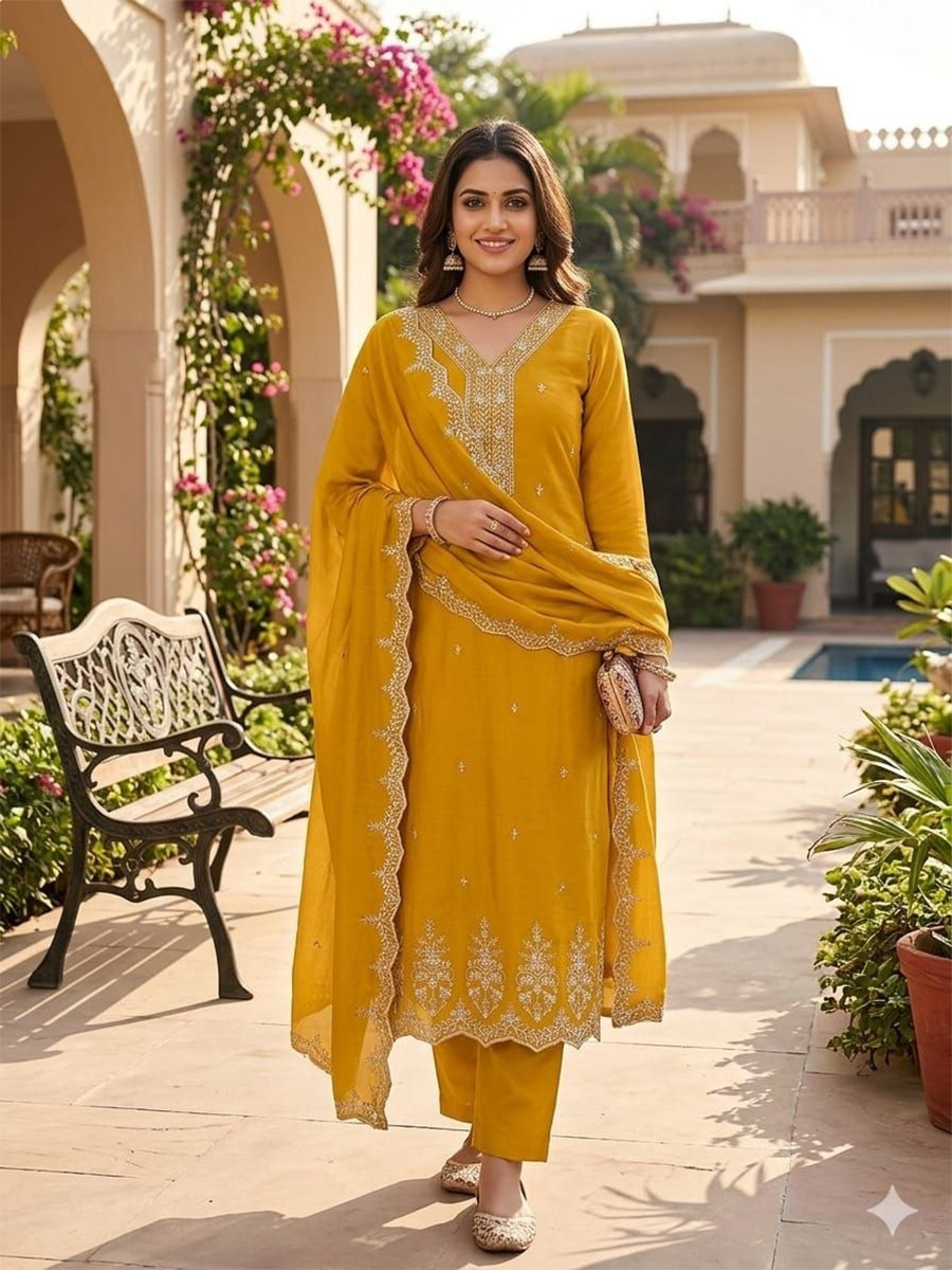 Yellow Vichitra Silk Embroidery Wedding Party Festival Casual Pant Salwar Kameez