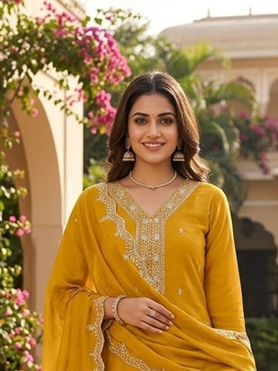 Yellow Vichitra Silk Embroidery Wedding Party Festival Casual Pant Salwar Kameez