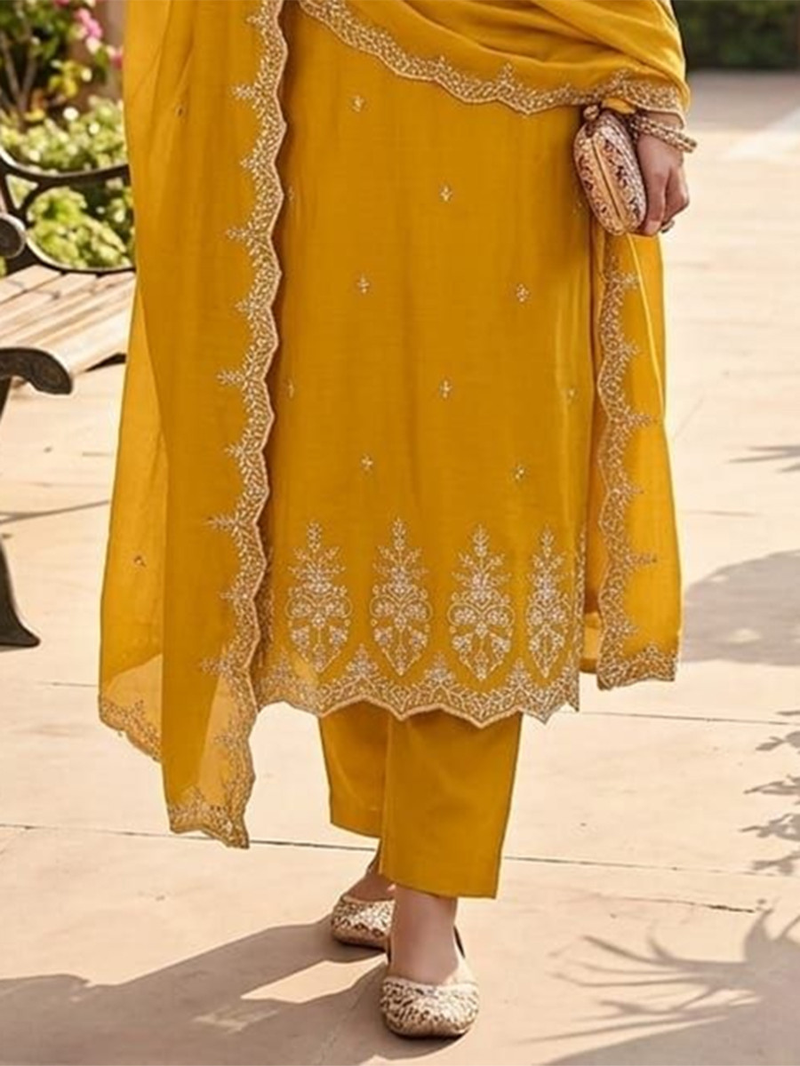 Yellow Vichitra Silk Embroidery Wedding Party Festival Casual Pant Salwar Kameez