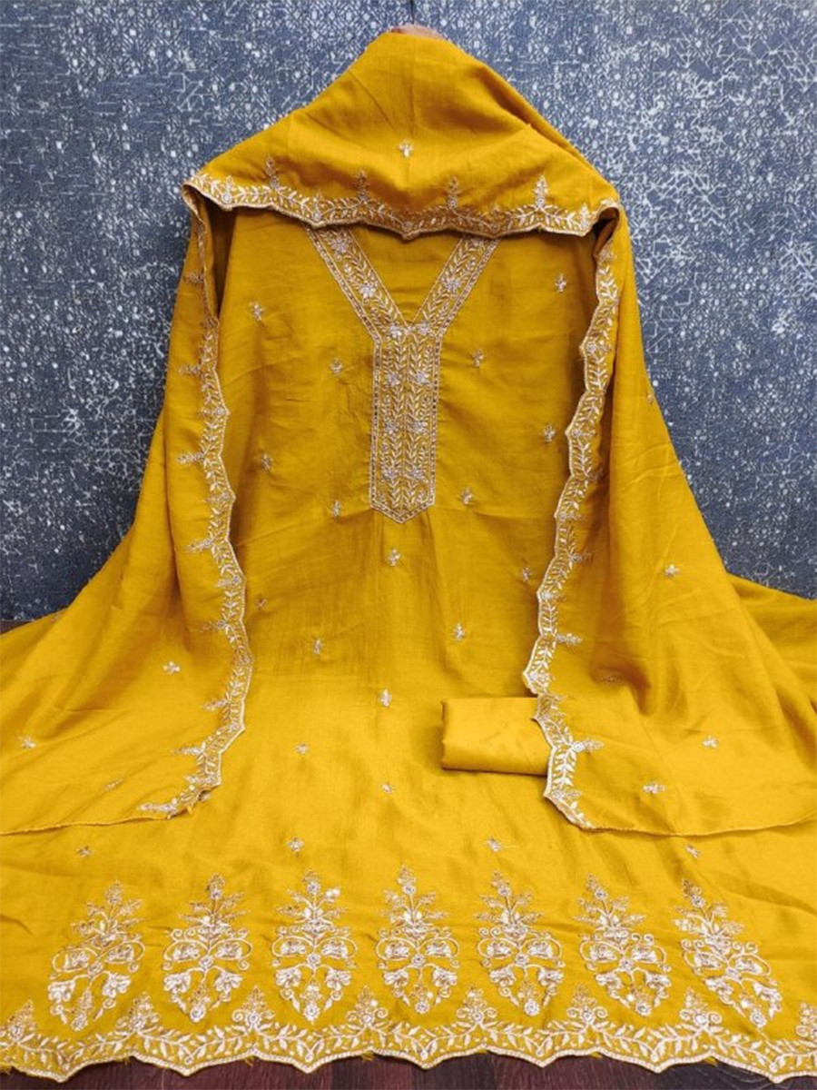 Yellow Vichitra Silk Embroidery Wedding Party Festival Casual Pant Salwar Kameez
