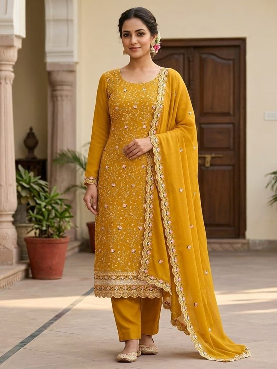 Yellow Vichitra Silk Embroidery Wedding Party Festival Casual Pant Salwar Kameez