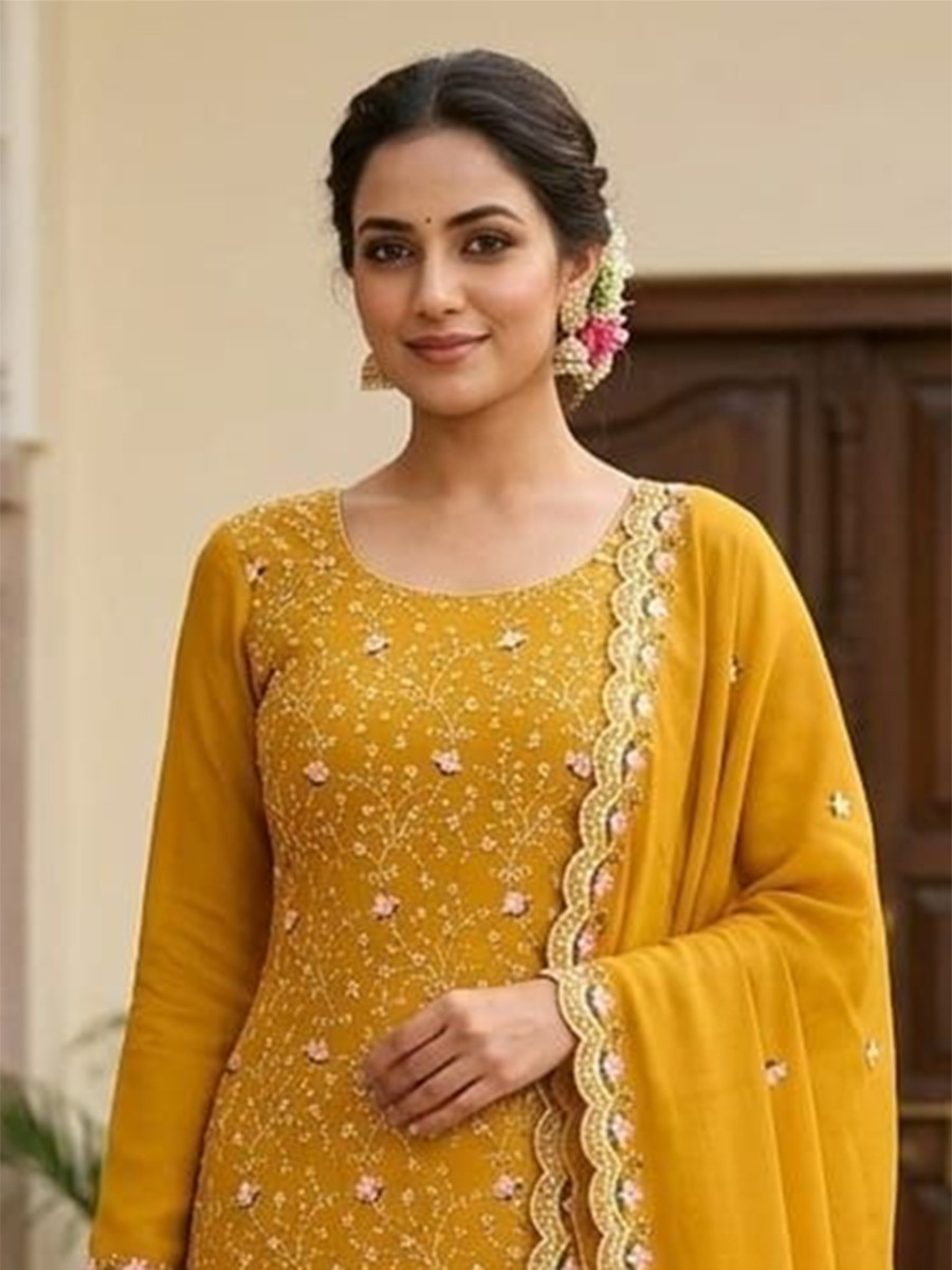 Yellow Vichitra Silk Embroidery Wedding Party Festival Casual Pant Salwar Kameez