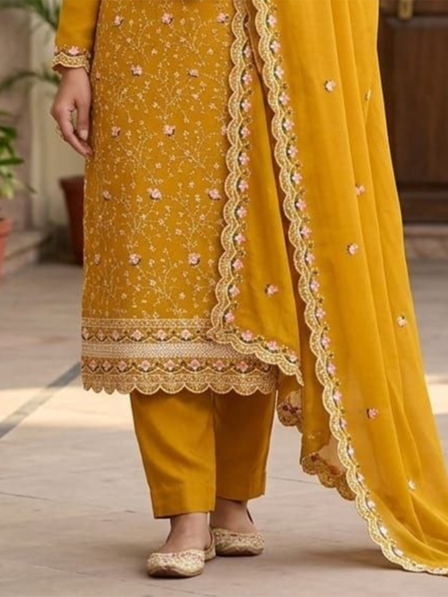 Yellow Vichitra Silk Embroidery Wedding Party Festival Casual Pant Salwar Kameez