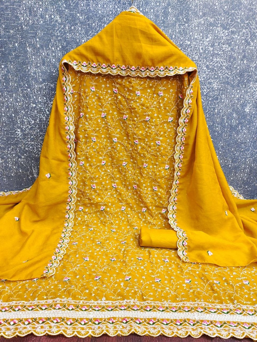 Yellow Vichitra Silk Embroidery Wedding Party Festival Casual Pant Salwar Kameez