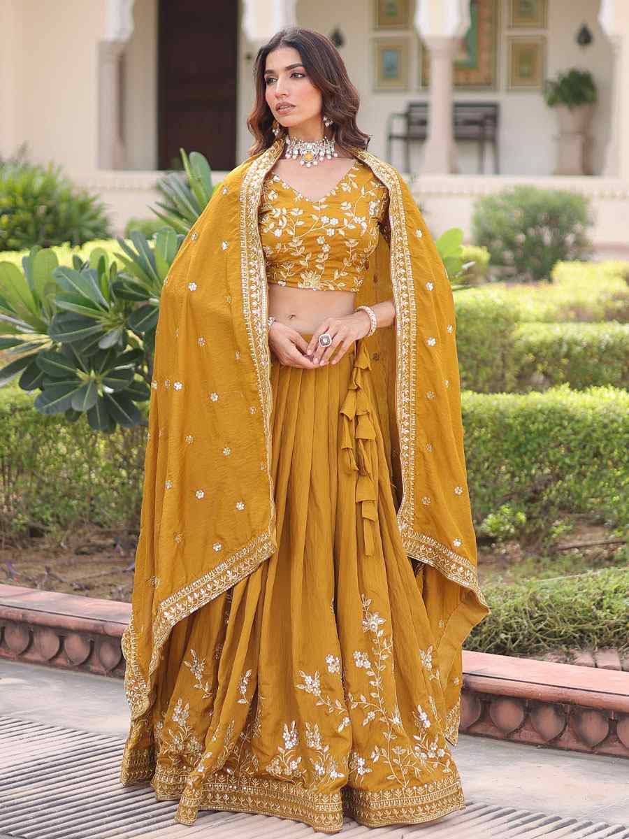 Yellow Vichitra Silk Embroidery Wedding Reception Festival Heavy Border Lehenga Choli