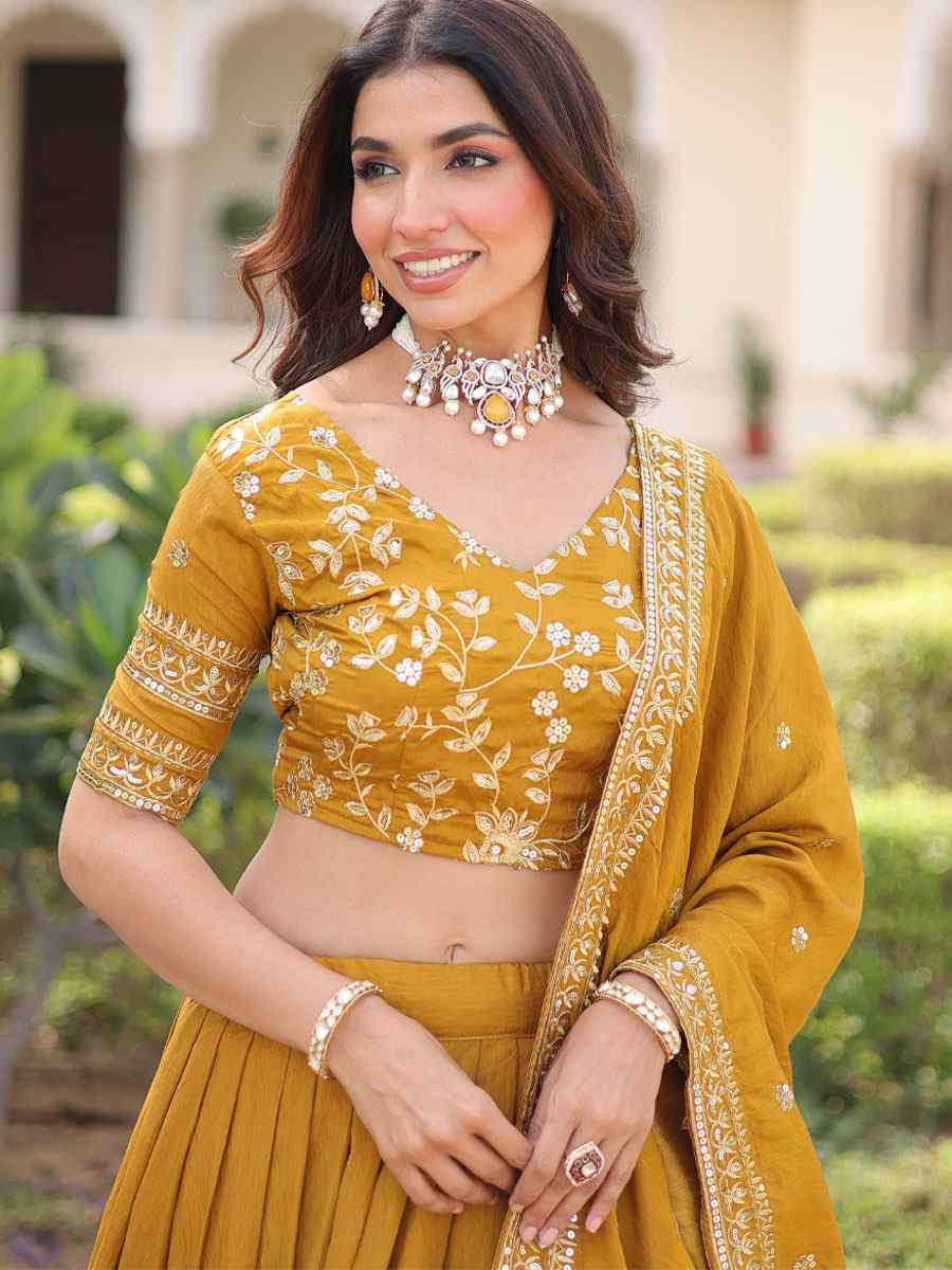 Yellow Vichitra Silk Embroidery Wedding Reception Festival Heavy Border Lehenga Choli