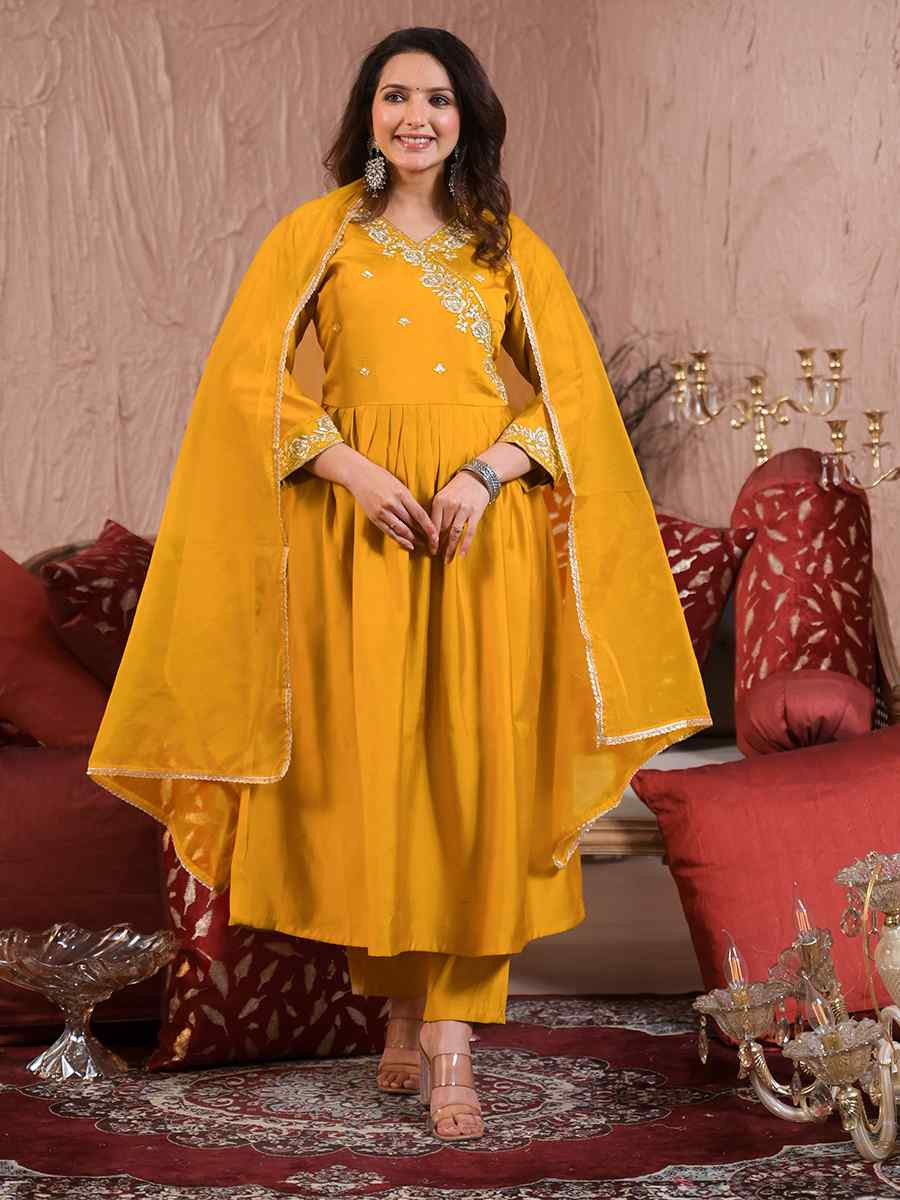 Yellow Viscose Chanderi Embroidered Festival Casual Ready Pant Salwar Kameez