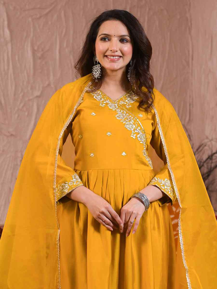 Yellow Viscose Chanderi Embroidered Festival Casual Ready Pant Salwar Kameez