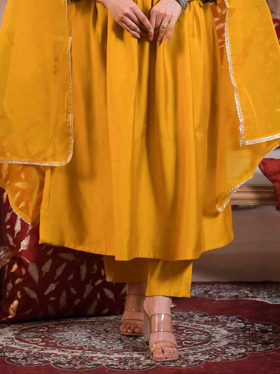 Yellow Viscose Chanderi Embroidered Festival Casual Ready Pant Salwar Kameez