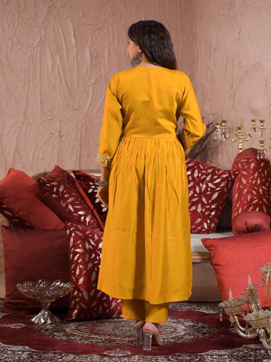 Yellow Viscose Chanderi Embroidered Festival Casual Ready Pant Salwar Kameez