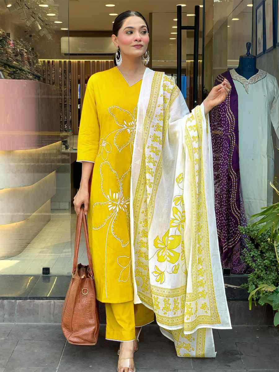 Yellow Viscose Chanderi Embroidered Festival Casual Ready Pant Salwar Kameez