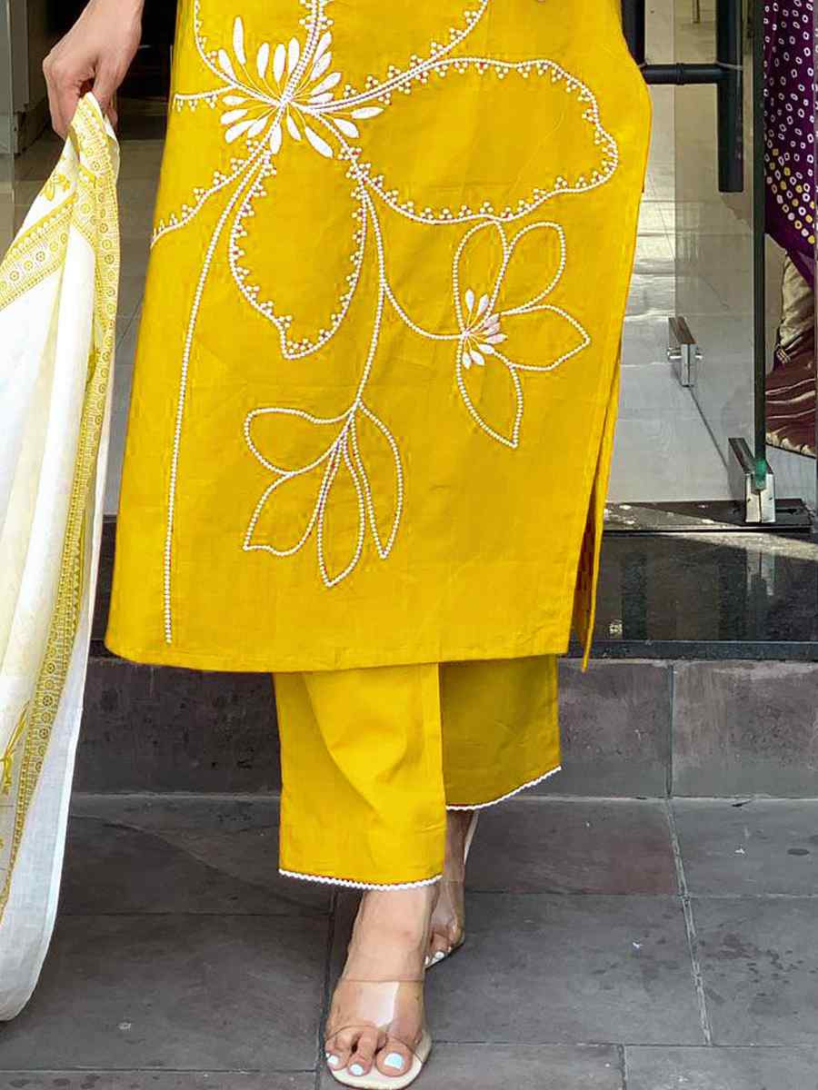 Yellow Viscose Chanderi Embroidered Festival Casual Ready Pant Salwar Kameez