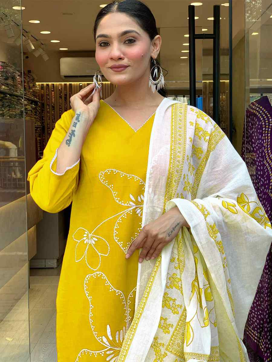 Yellow Viscose Chanderi Embroidered Festival Casual Ready Pant Salwar Kameez