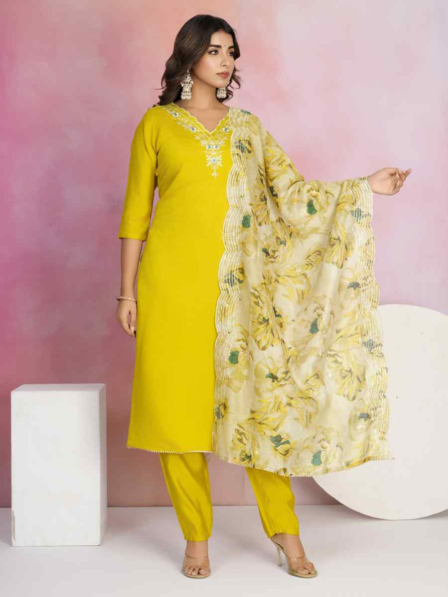 Yellow Viscose Chanderi Embroidered Festival Casual Ready Pant Salwar Kameez