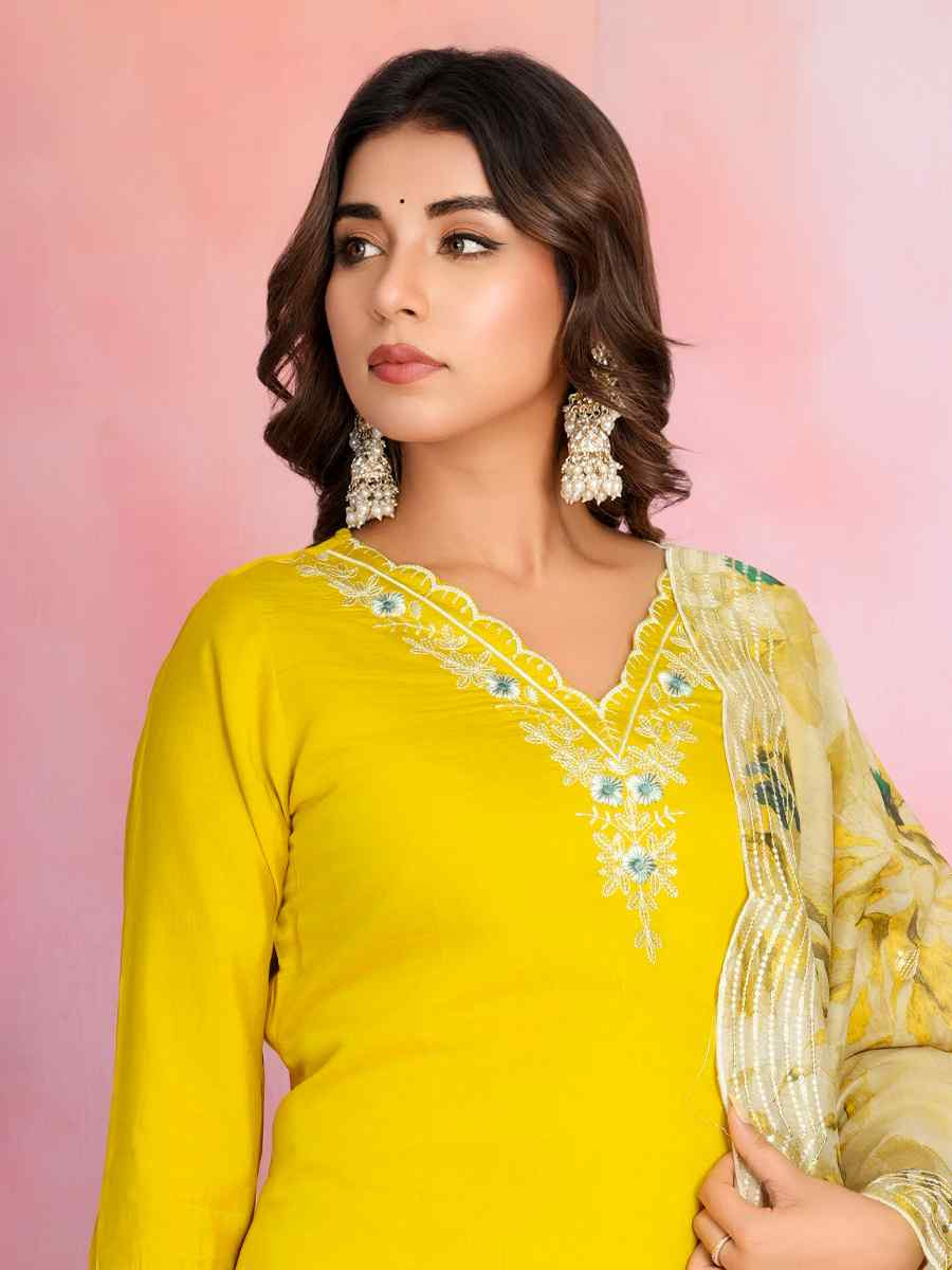 Yellow Viscose Chanderi Embroidered Festival Casual Ready Pant Salwar Kameez