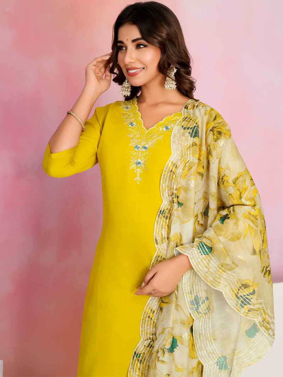 Yellow Viscose Chanderi Embroidered Festival Casual Ready Pant Salwar Kameez