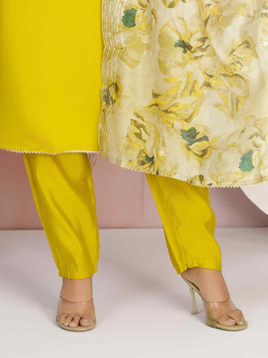 Yellow Viscose Chanderi Embroidered Festival Casual Ready Pant Salwar Kameez