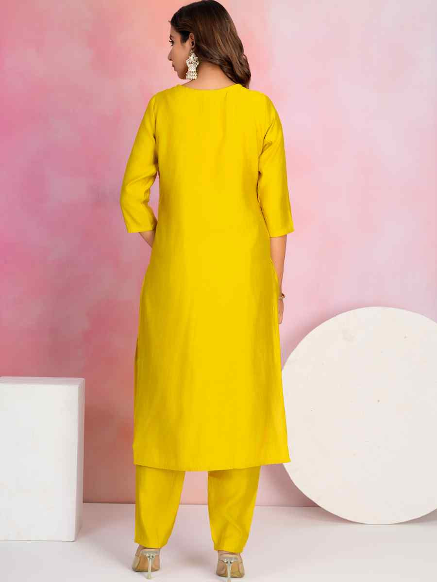 Yellow Viscose Chanderi Embroidered Festival Casual Ready Pant Salwar Kameez