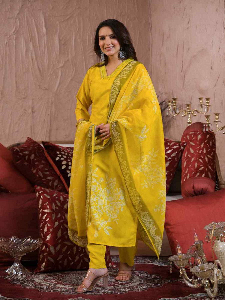 Yellow Viscose Chanderi Embroidered Festival Casual Ready Pant Salwar Kameez