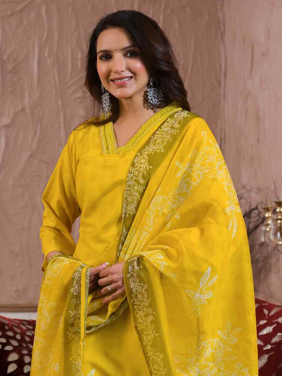 Yellow Viscose Chanderi Embroidered Festival Casual Ready Pant Salwar Kameez