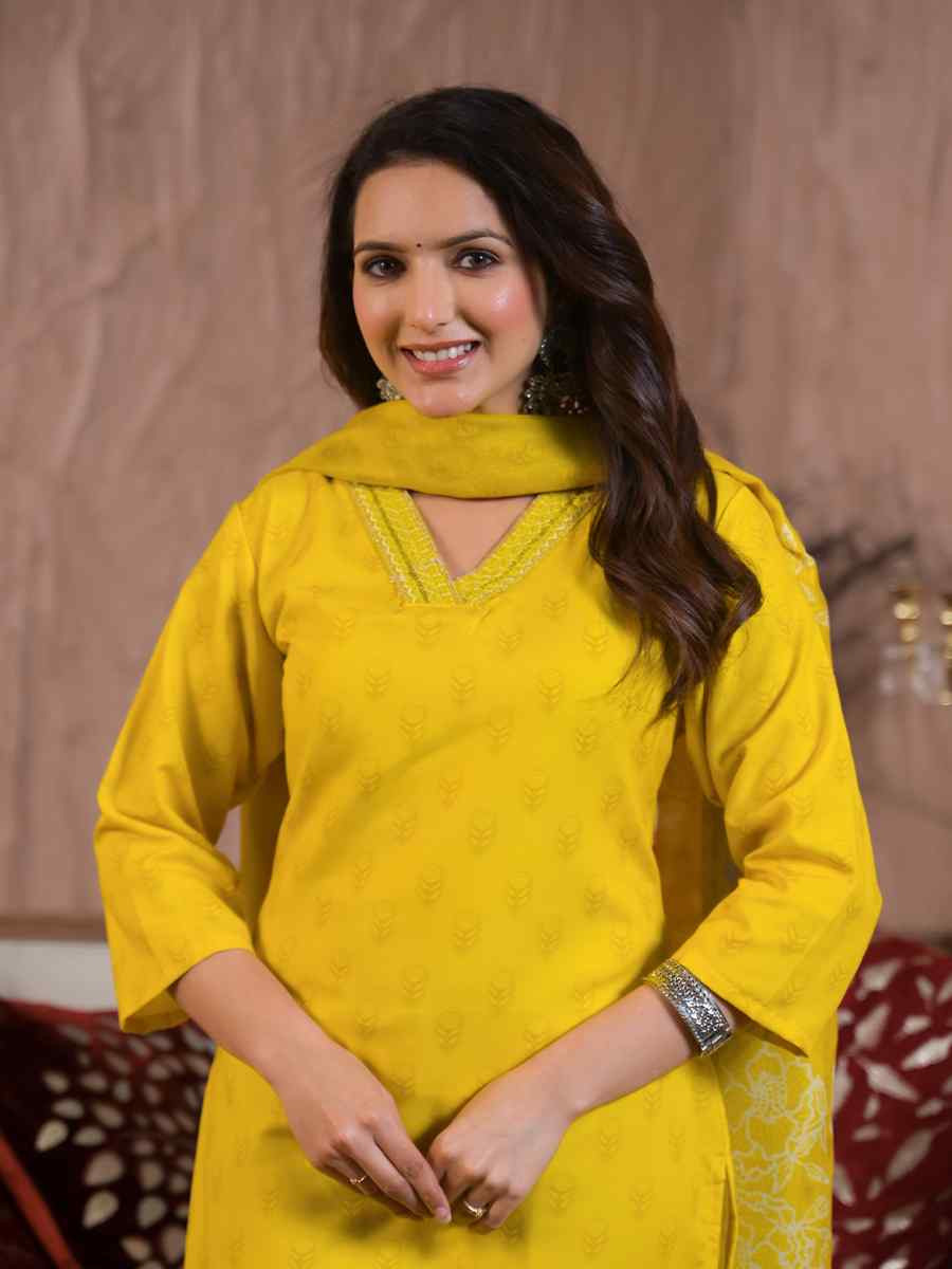 Yellow Viscose Chanderi Embroidered Festival Casual Ready Pant Salwar Kameez