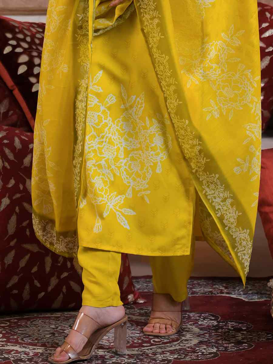 Yellow Viscose Chanderi Embroidered Festival Casual Ready Pant Salwar Kameez