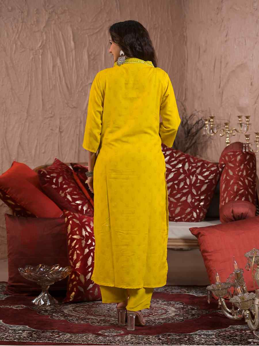 Yellow Viscose Chanderi Embroidered Festival Casual Ready Pant Salwar Kameez