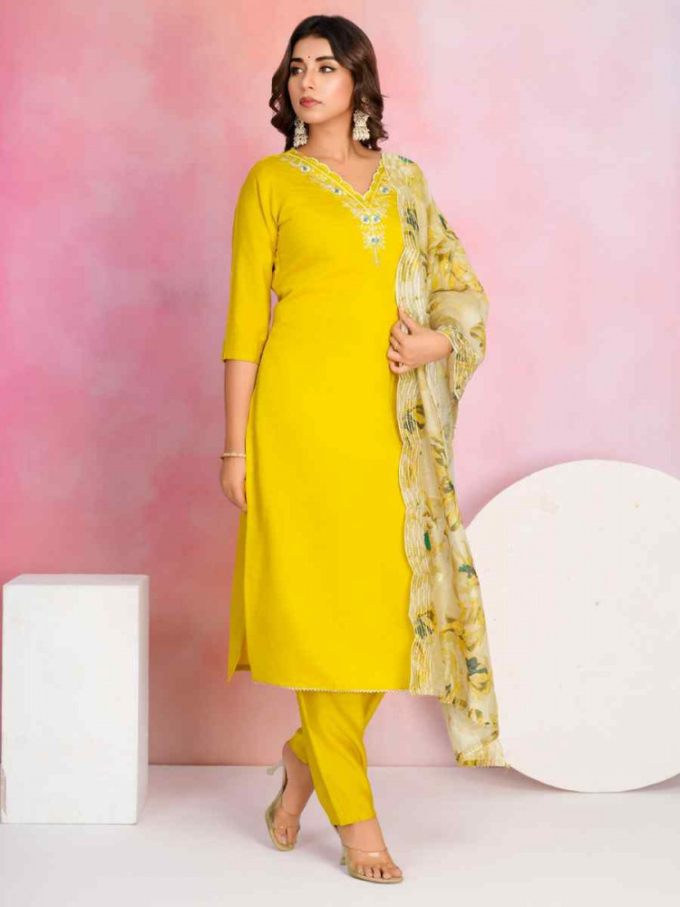 Yellow Viscose Chanderi Embroidered Party Wedding Ready Pant Salwar Kameez