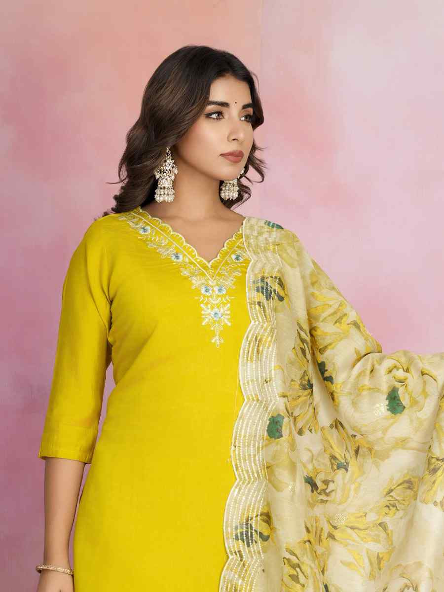 Yellow Viscose Chanderi Embroidered Party Wedding Ready Pant Salwar Kameez