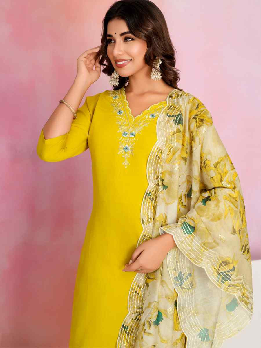 Yellow Viscose Chanderi Embroidered Party Wedding Ready Pant Salwar Kameez