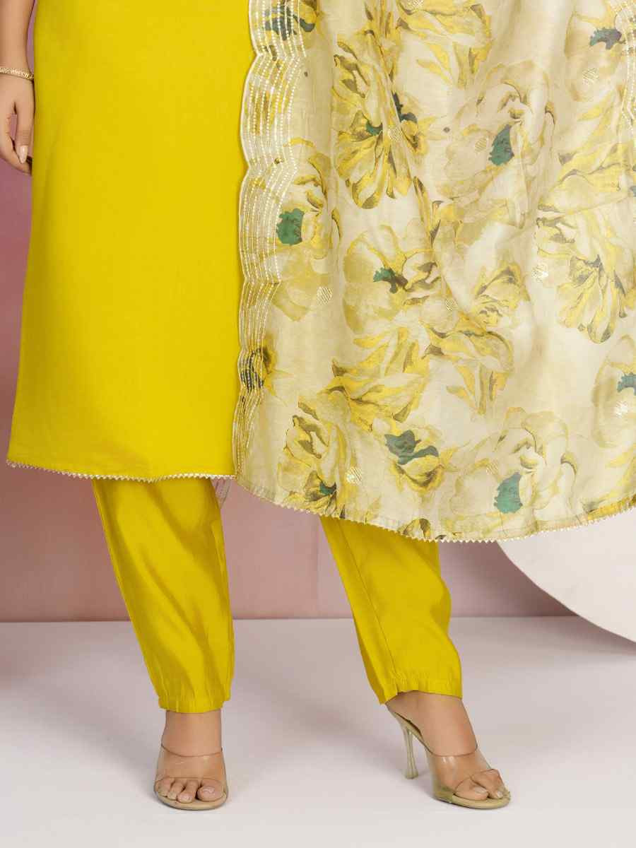 Yellow Viscose Chanderi Embroidered Party Wedding Ready Pant Salwar Kameez