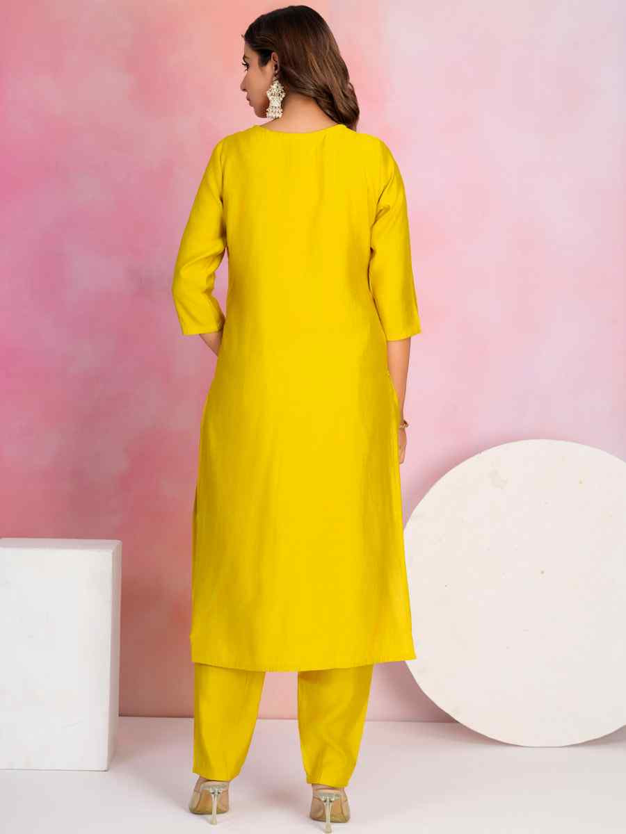 Yellow Viscose Chanderi Embroidered Party Wedding Ready Pant Salwar Kameez
