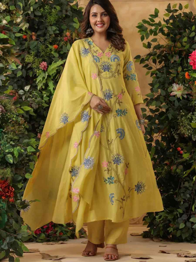 Image of Yellow Viscose Chanderi Embroidery Party Wedding Festival Casual Ready Anarkali Pant Salwar Kameez