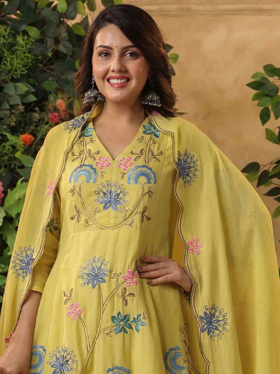Yellow Viscose Chanderi Embroidery Party Wedding Festival Casual Ready Anarkali Pant Salwar Kameez