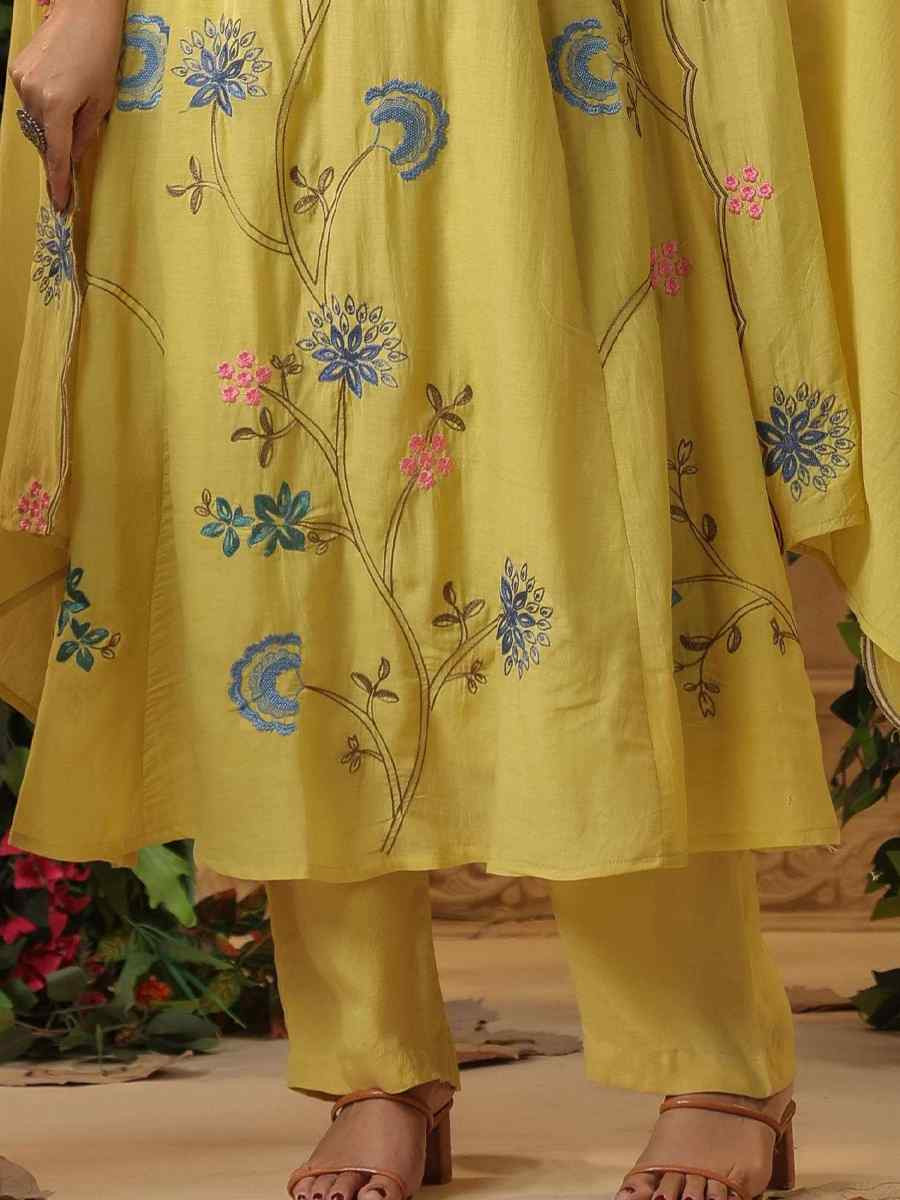 Yellow Viscose Chanderi Embroidery Party Wedding Festival Casual Ready Anarkali Pant Salwar Kameez
