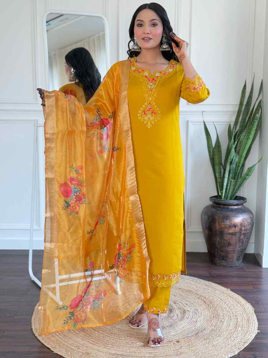Yellow Viscose Chanderi Embroidery Party Wedding Festival Casual Ready Pant Salwar Kameez