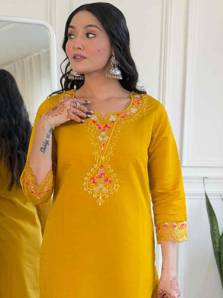 Yellow Viscose Chanderi Embroidery Party Wedding Festival Casual Ready Pant Salwar Kameez