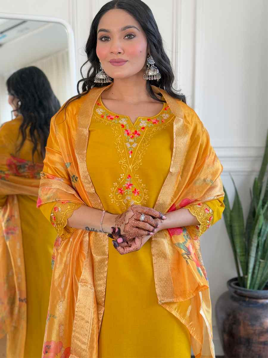 Yellow Viscose Chanderi Embroidery Party Wedding Festival Casual Ready Pant Salwar Kameez