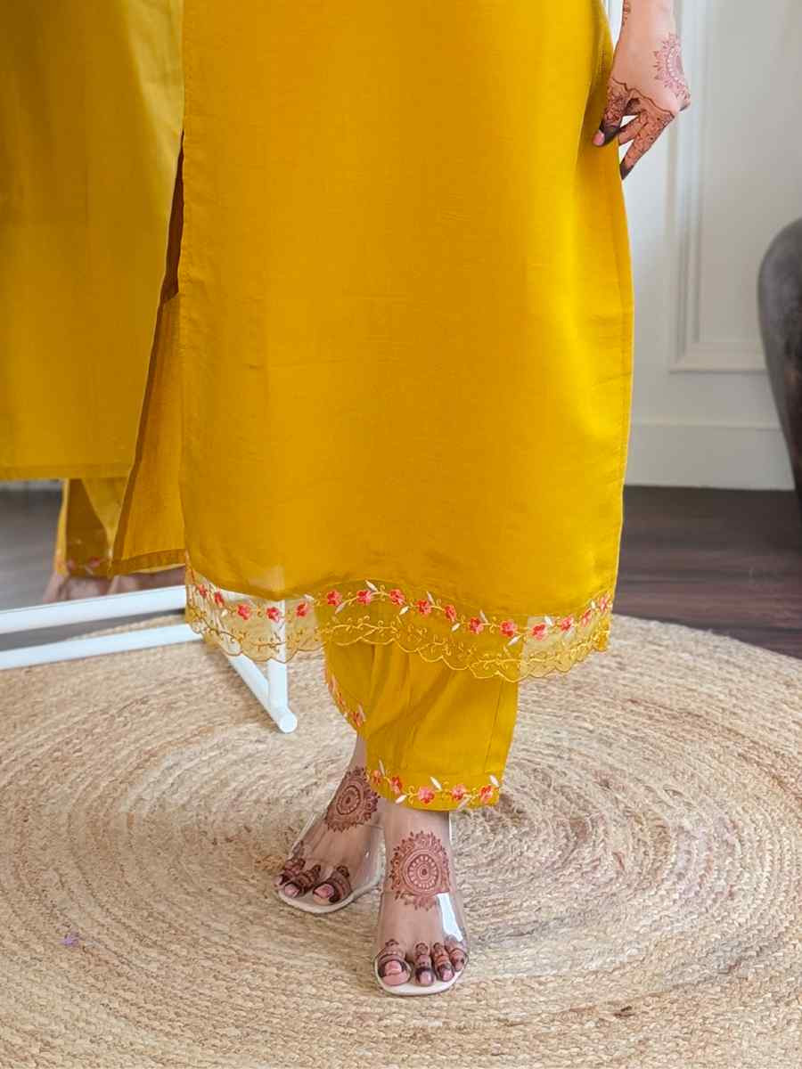 Yellow Viscose Chanderi Embroidery Party Wedding Festival Casual Ready Pant Salwar Kameez
