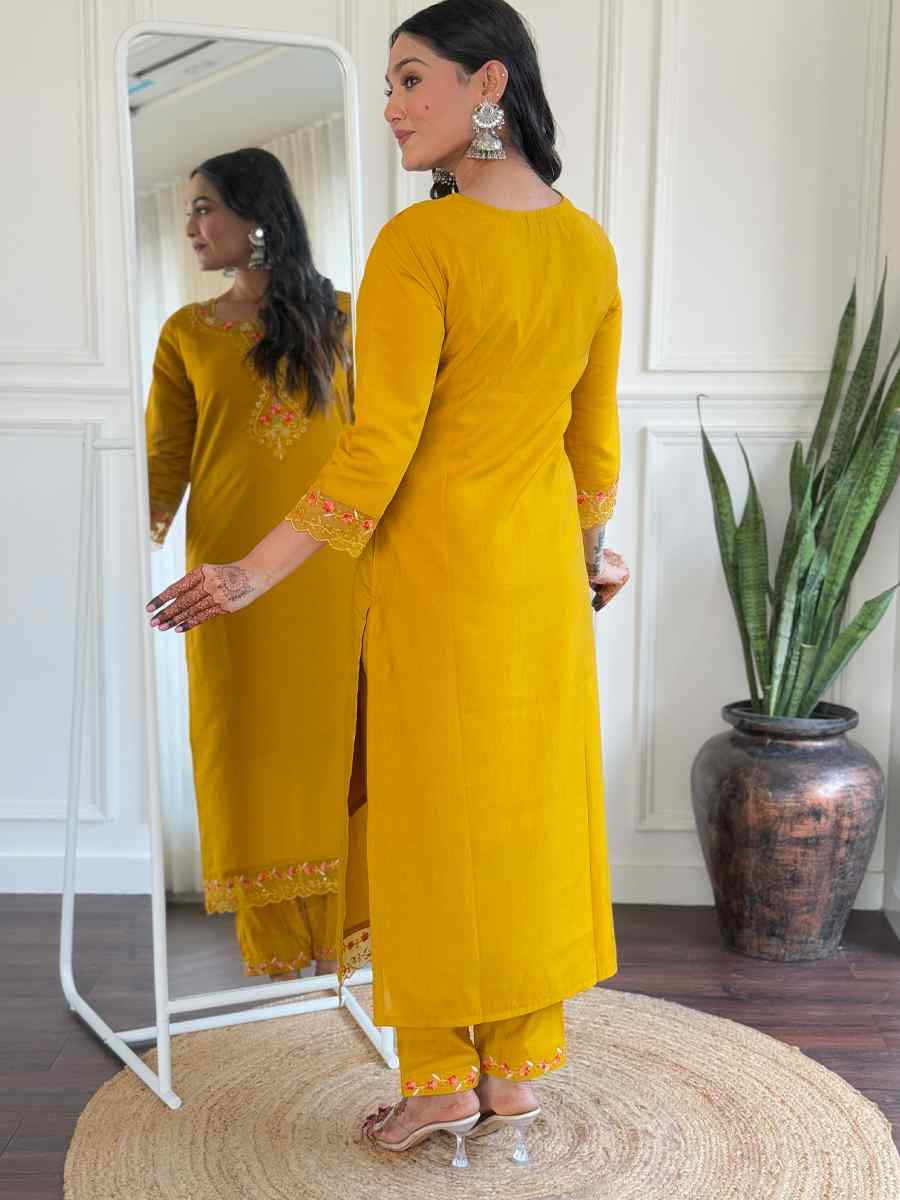 Yellow Viscose Chanderi Embroidery Party Wedding Festival Casual Ready Pant Salwar Kameez