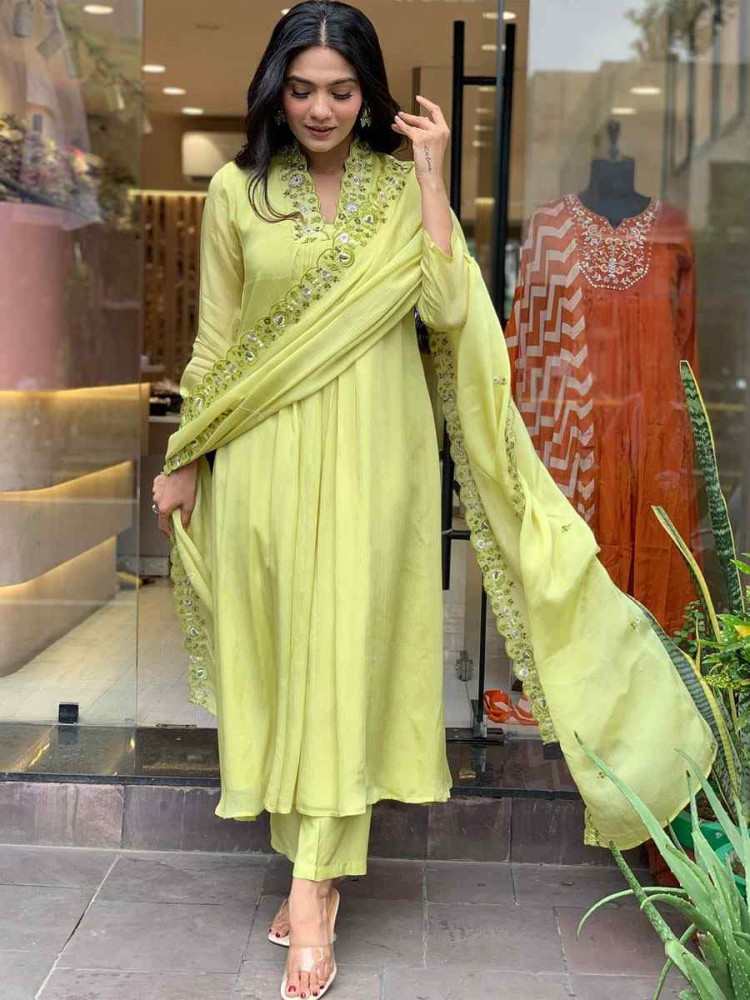 Image of Yellow Viscose Chinon Embroidery Party Wedding Festival Casual Ready Pant Salwar Kameez