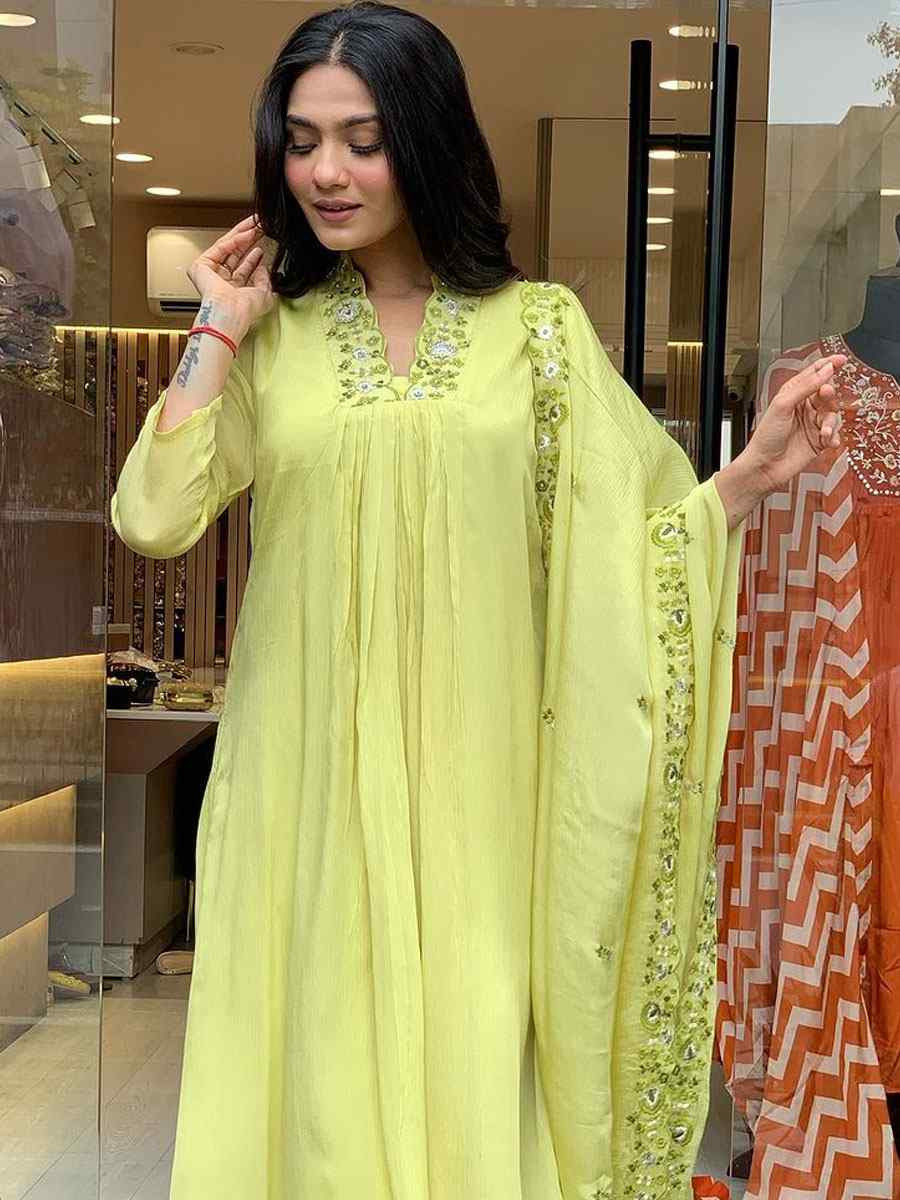 Yellow Viscose Chinon Embroidery Party Wedding Festival Casual Ready Pant Salwar Kameez