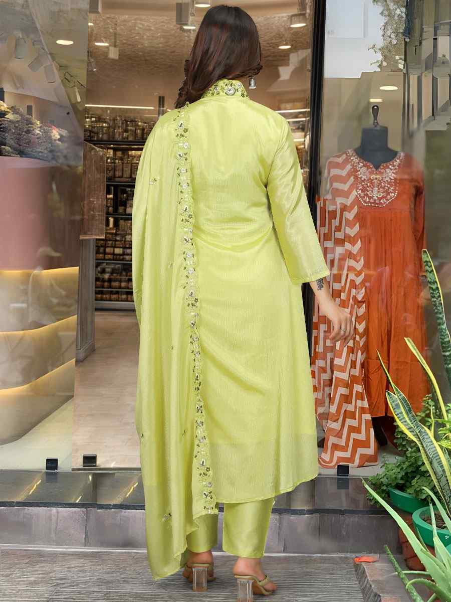 Yellow Viscose Chinon Embroidery Party Wedding Festival Casual Ready Pant Salwar Kameez