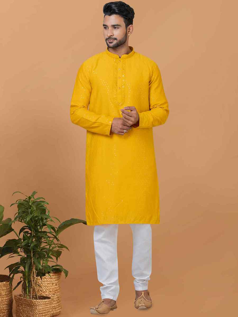 Yellow Viscose Cotton Embroidered Festival Wedding Kurta