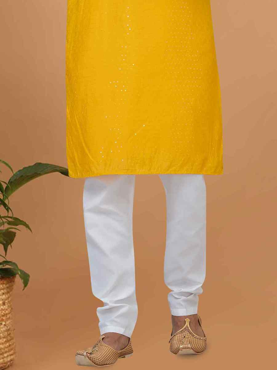 Yellow Viscose Cotton Embroidered Festival Wedding Kurta