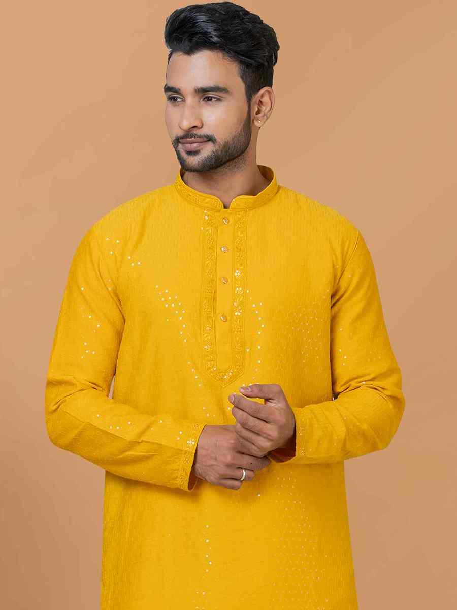 Yellow Viscose Cotton Embroidered Festival Wedding Kurta