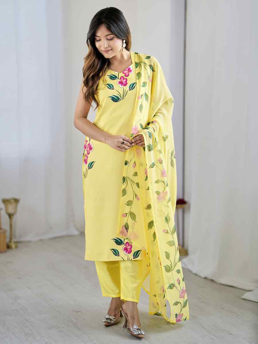 Yellow Viscose Embroidered Festival Casual Ready Pant Salwar Kameez